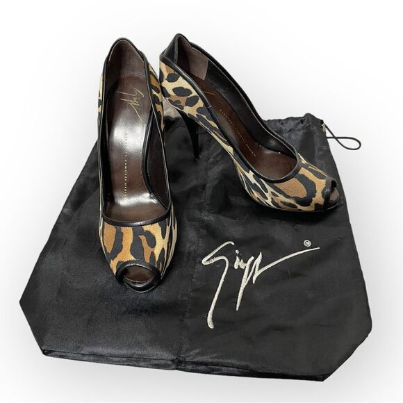 Giuseppe Zanotti Shoes - Giuseppe Zanotti Leopard Print Canvas Peep Toe Pumps 37.5 w/ dustbag